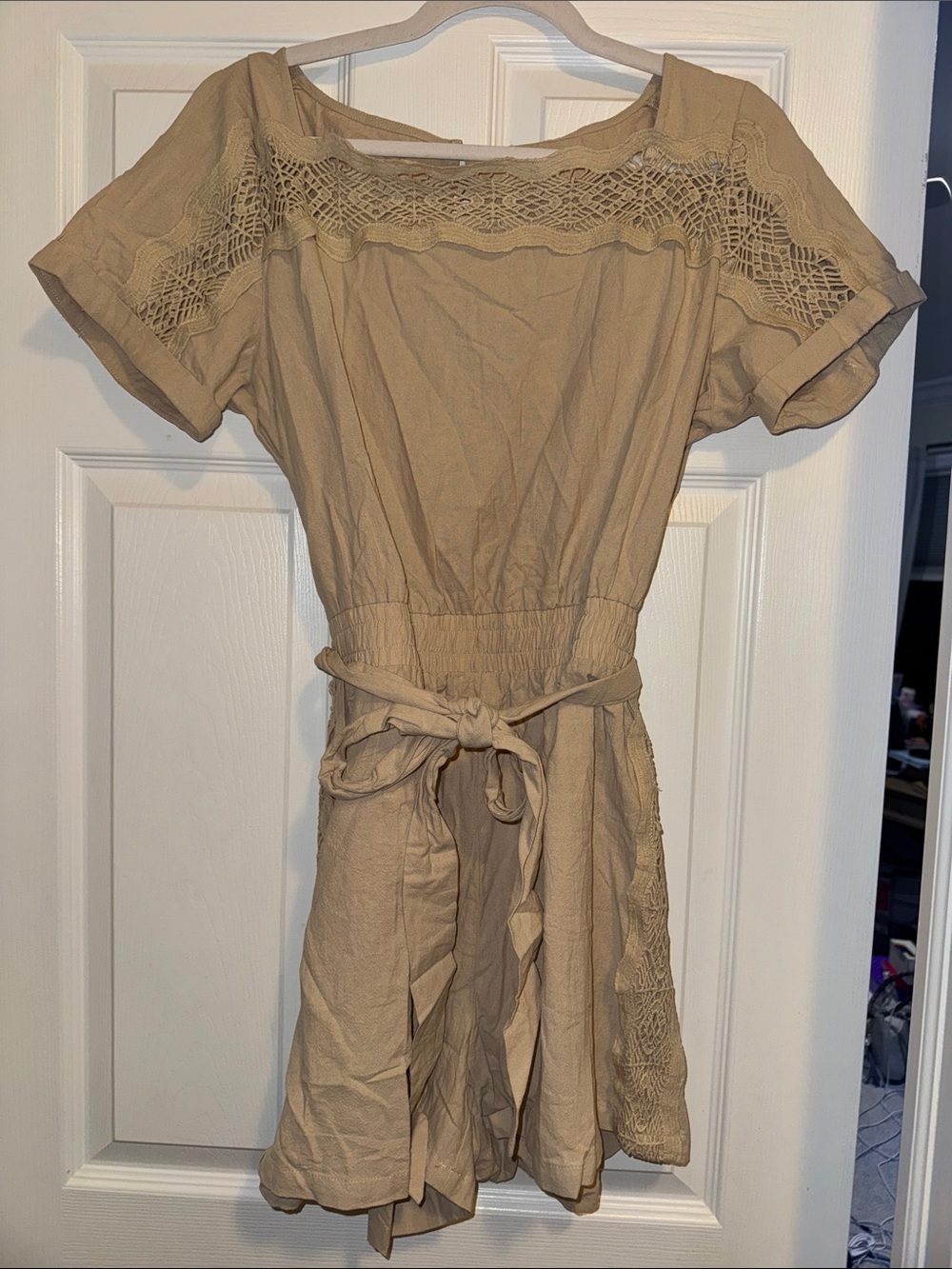 Cupshe Beige Crochet-Yoke Tie-Waist Mini Dress